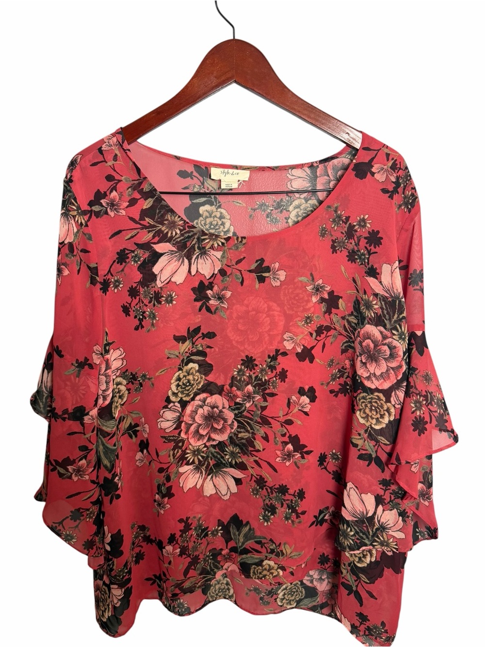Style & Co. Coral Floral Ruffle Sleeve Blouse